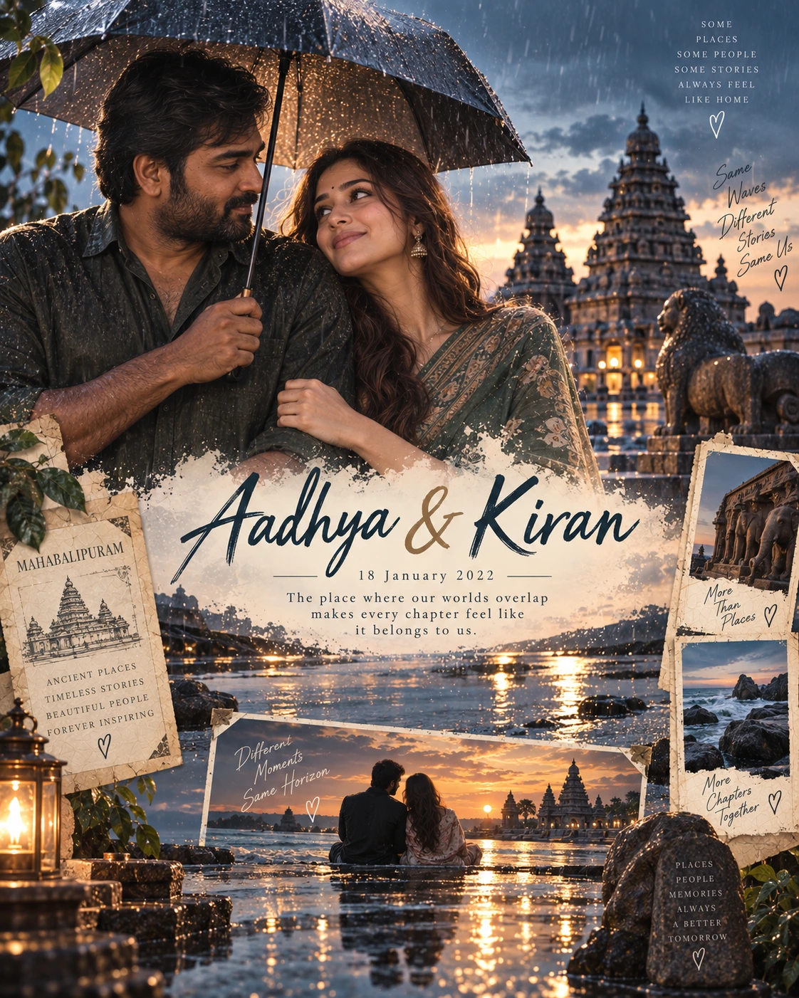 Mahabalipuram Rain Reflection Double Exposure — Anniversary AI poster reference