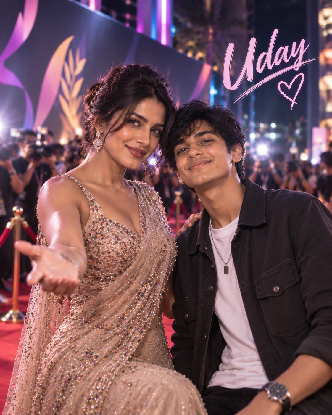 Uday with Priyanka Chopra Jonas — Neon Night Energy Dream Poster — Instagram Posts AI poster reference
