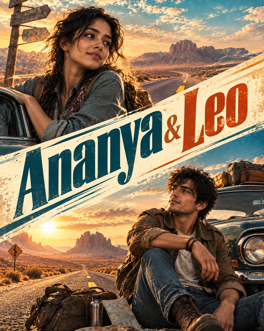 Ananya & Leo — Road Movie Diagonal Energy Instagram Poster — Instagram Posts AI poster reference