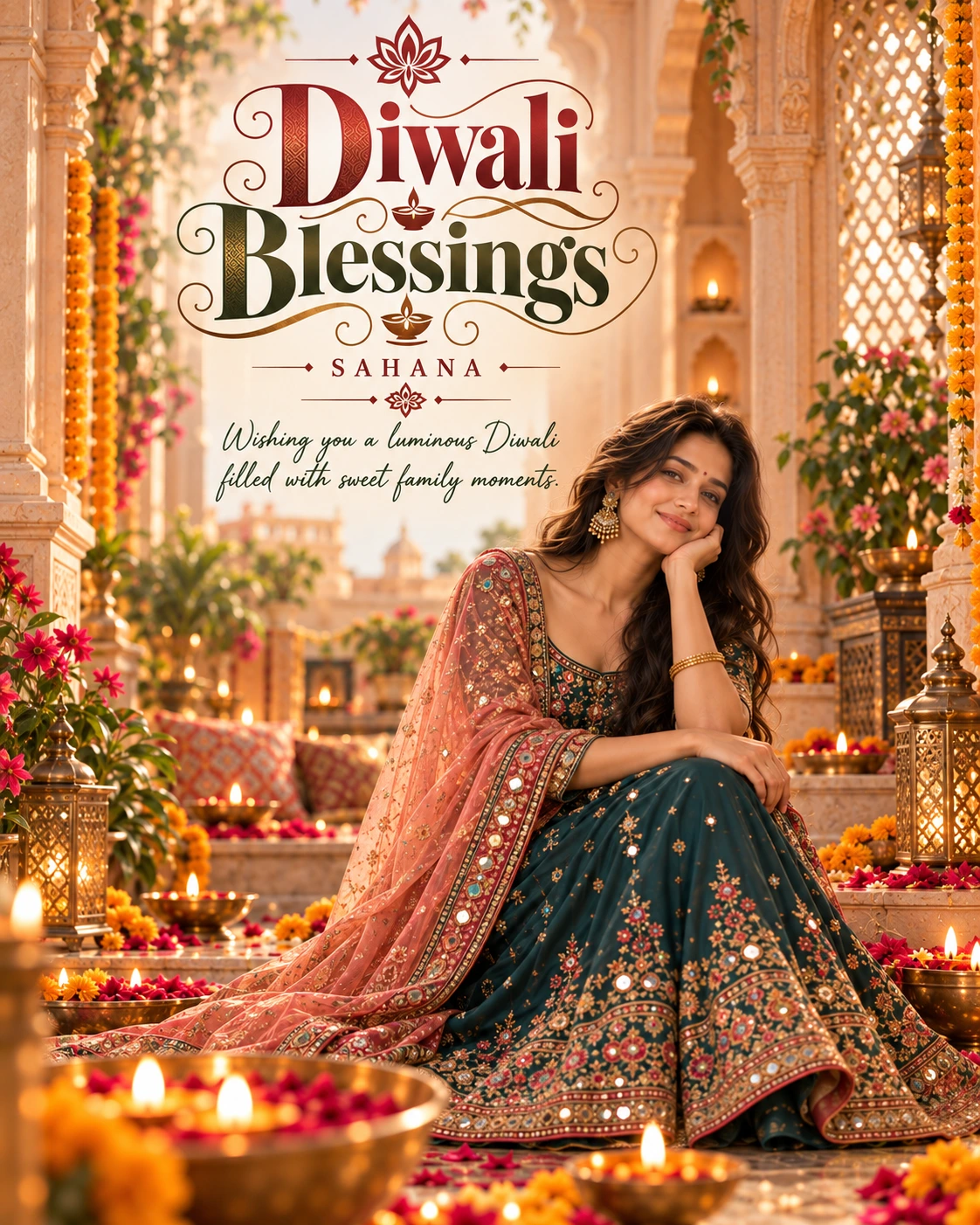 Peach Haveli Corridor Cinematic Layered Story Diwali Wishes — Sahana — Greeting Cards AI poster reference