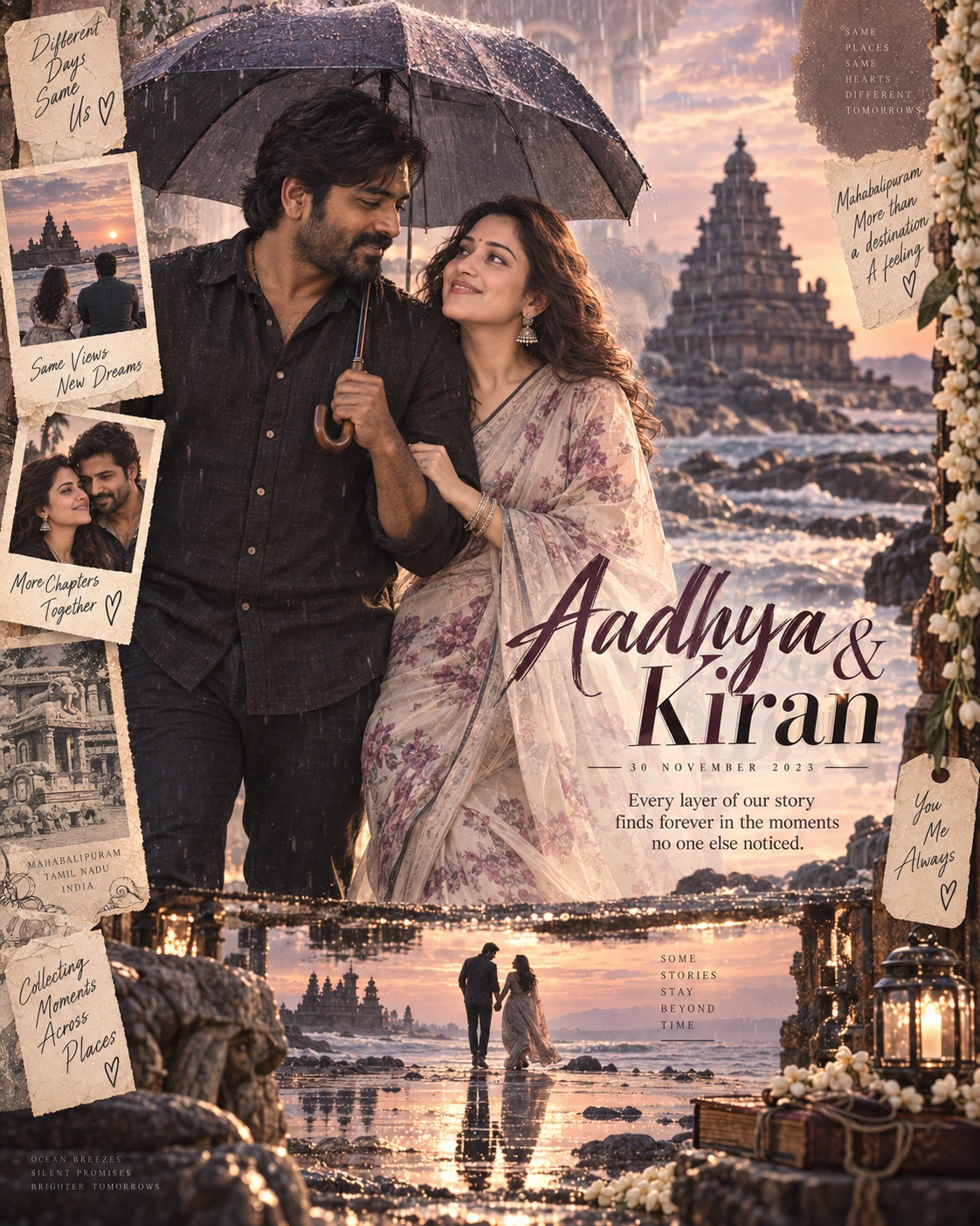 Mahabalipuram Rain Reflection Layered Memory — Anniversary AI poster reference