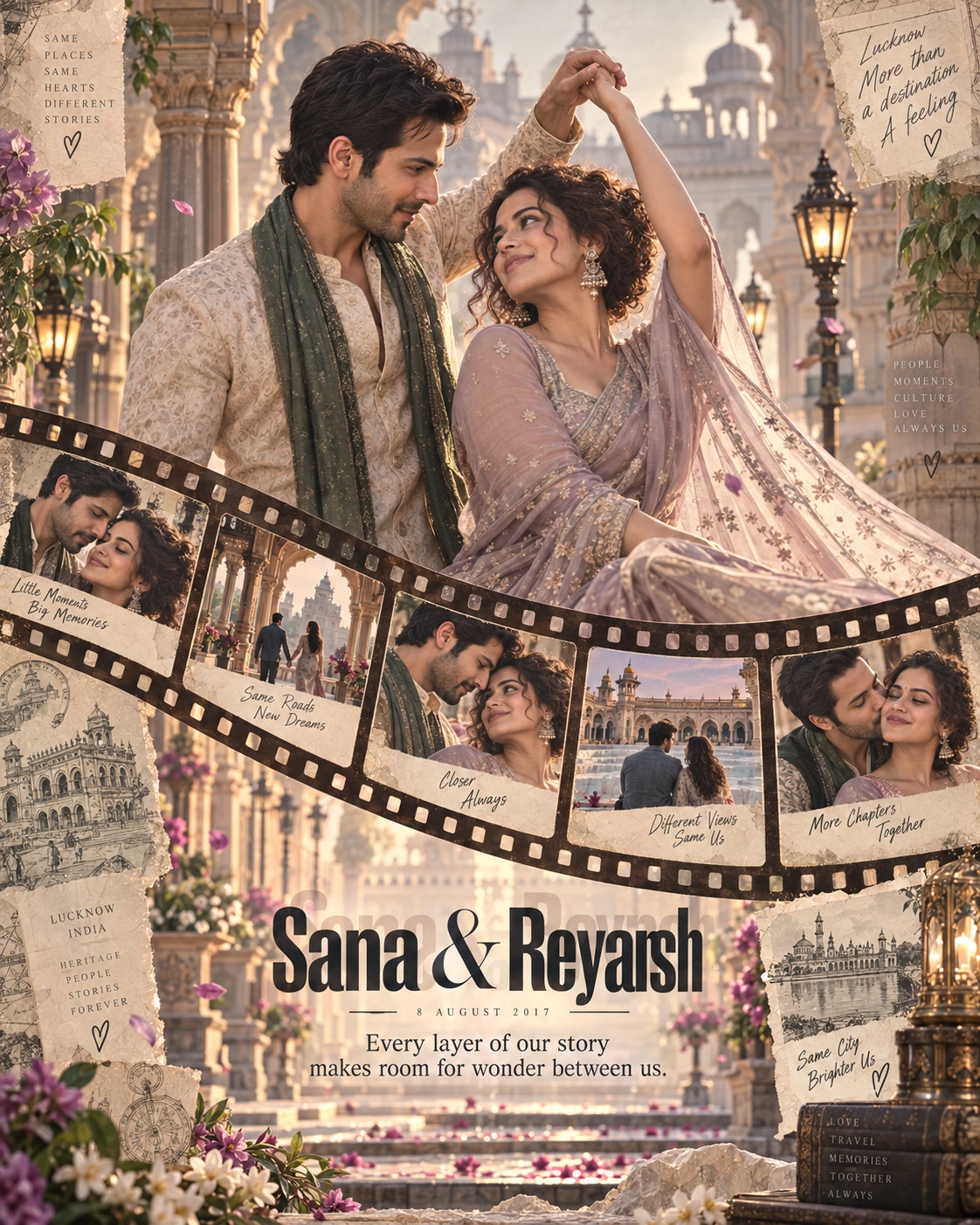 Lucknow Courtyard Filmstrip Dance Layered Memory — Anniversary AI poster reference