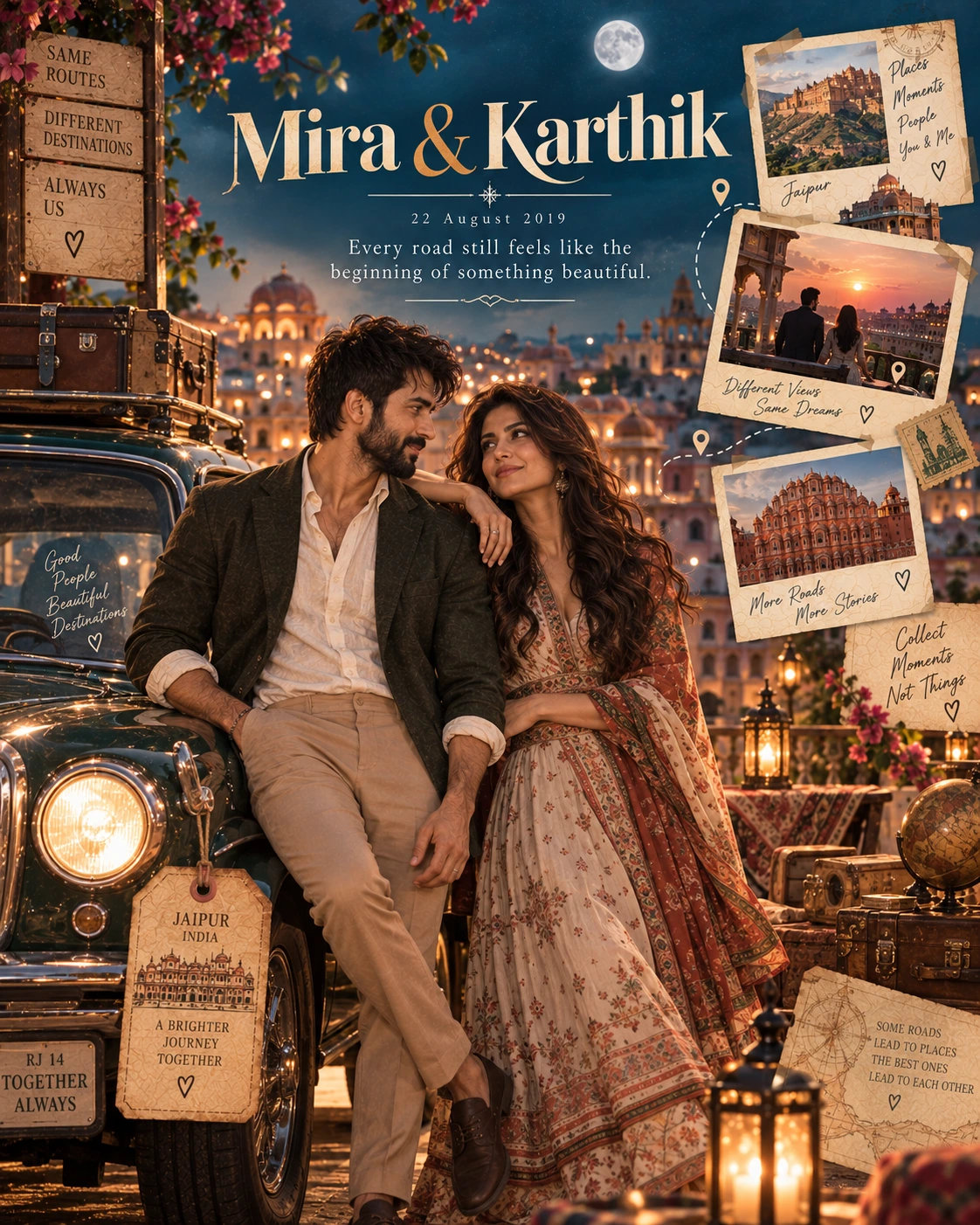Jaipur Rooftop Postcard Drive Love Journey — Anniversary AI poster reference
