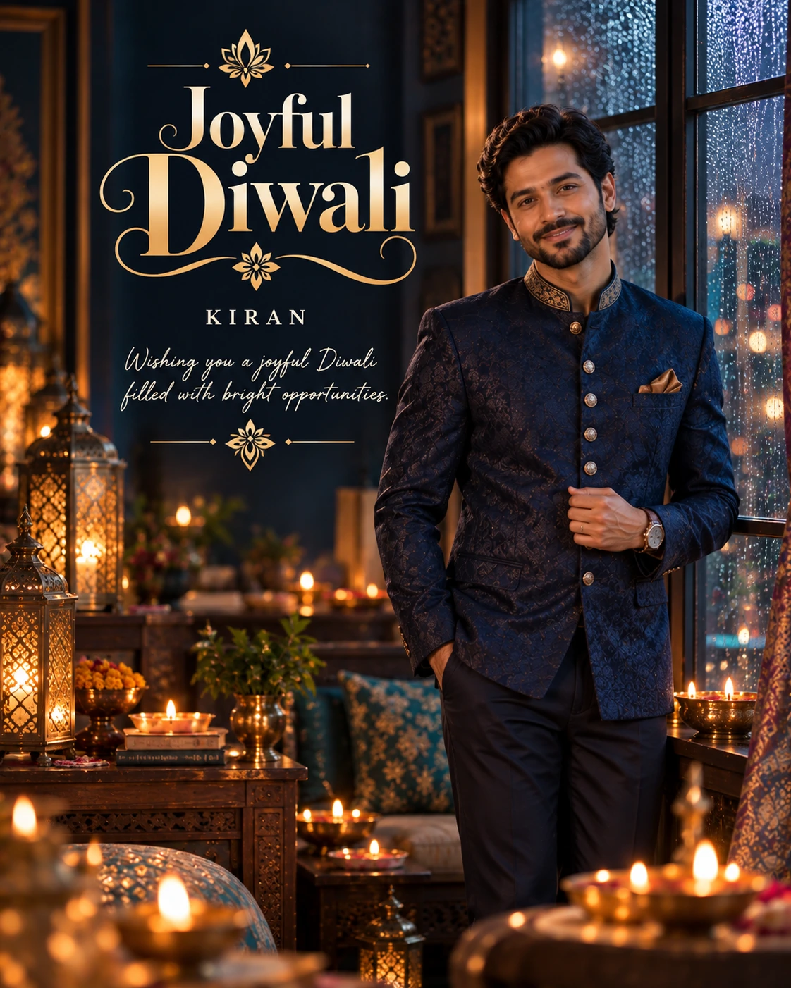 Indigo Monsoon Window Editorial Portrait Diwali Wishes — Kiran — Greeting Cards AI poster reference
