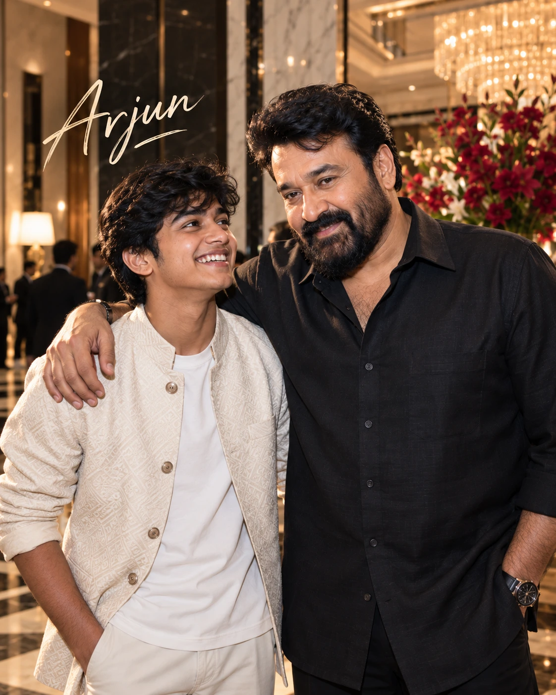 Arjun with Mohanlal — Direct-Flash Celebrity Snapshot Dream Poster — Instagram Posts AI poster reference