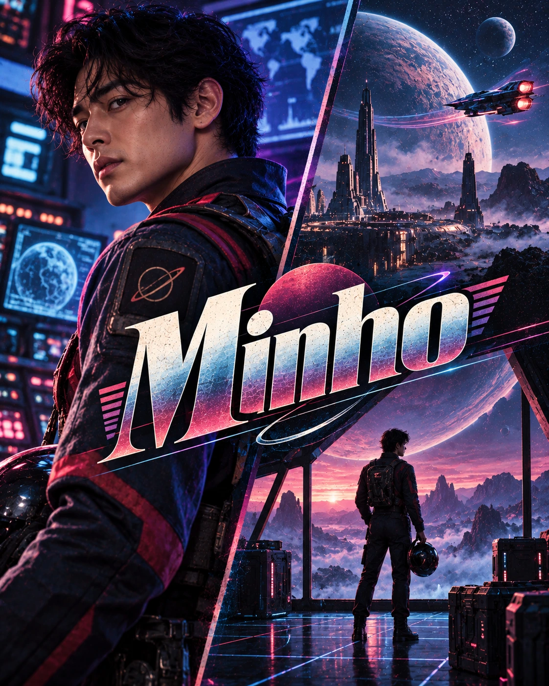 Minho — Retro Sci-Fi Split Character Instagram Poster — Instagram Posts AI poster reference