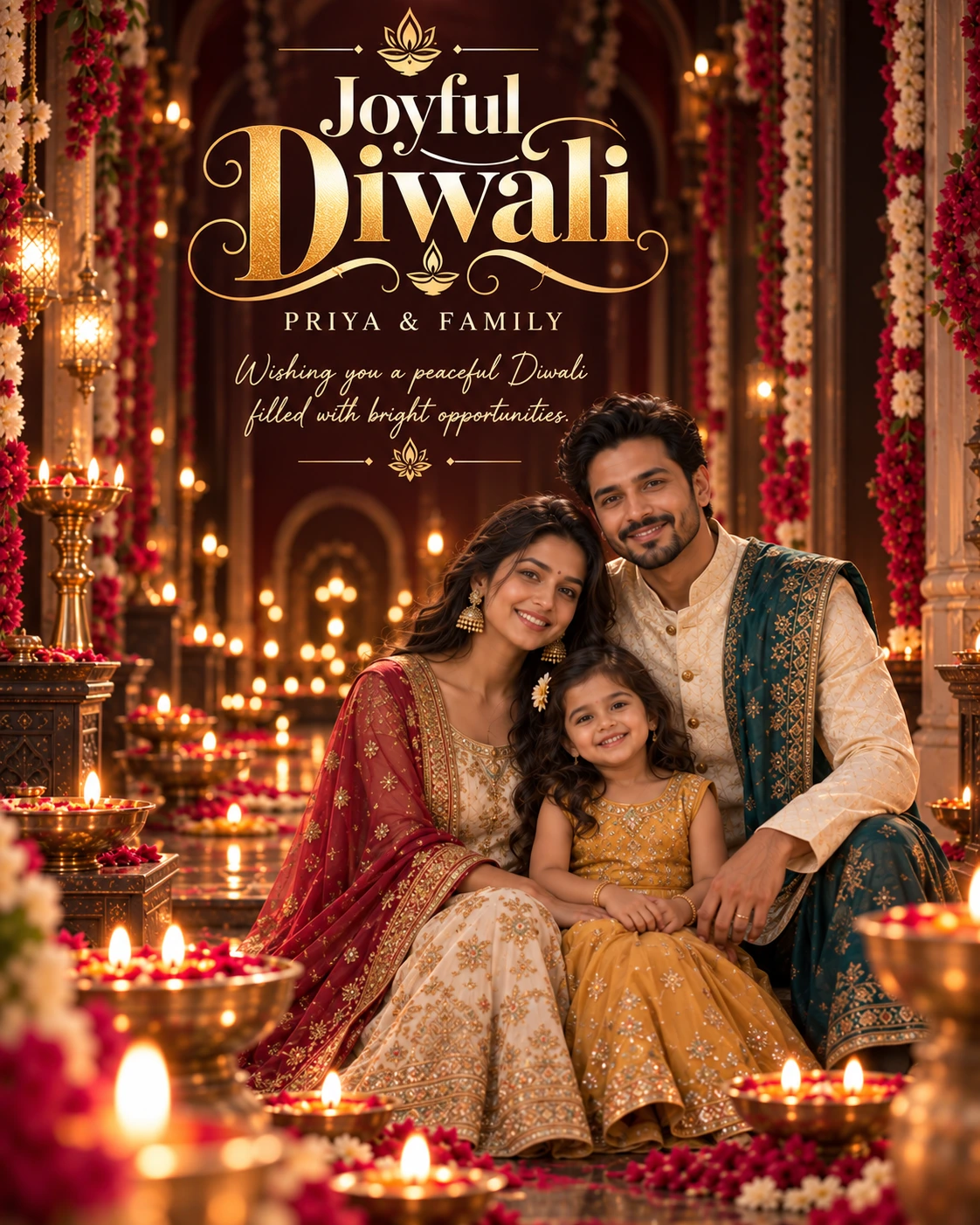 Ruby Candle Corridor Cinematic Layered Story Diwali Wishes — Priya & Family — Greeting Cards AI poster reference