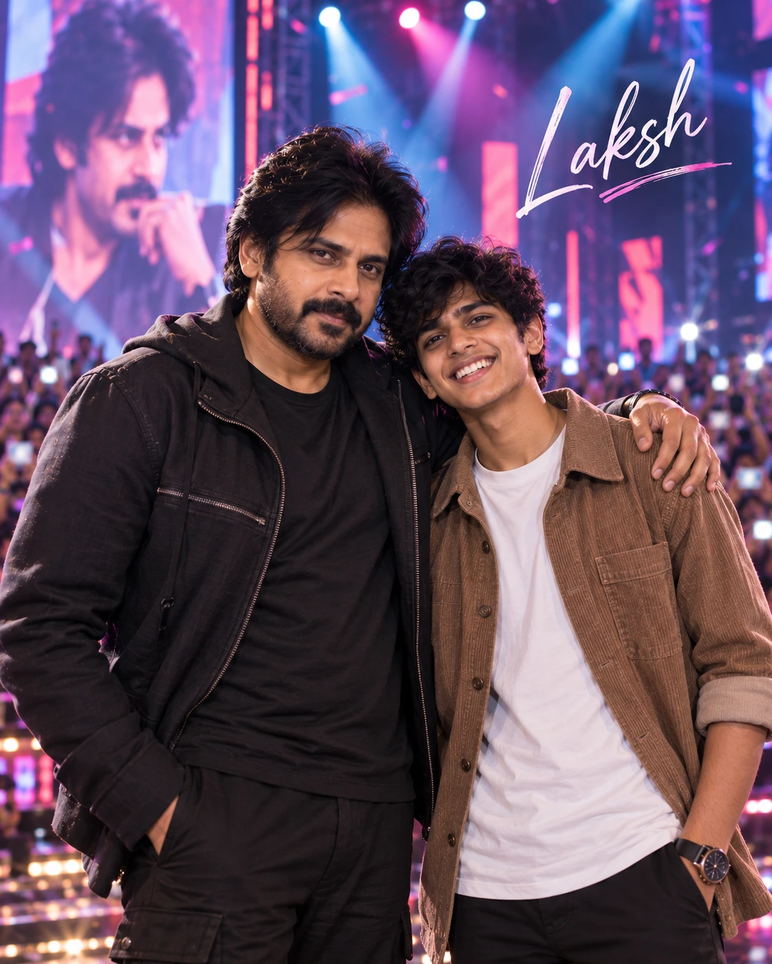 Laksh with Pawan Kalyan — Neon Night Energy Dream Poster — Instagram Posts AI poster reference