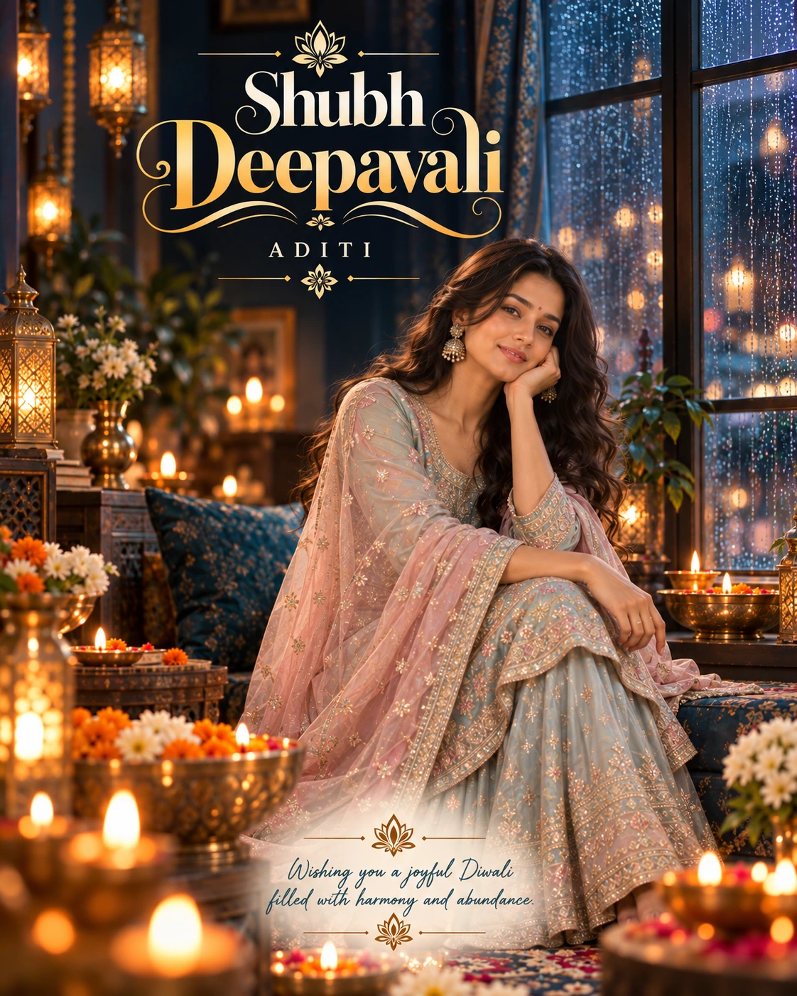 Indigo Monsoon Window Cinematic Layered Story Diwali Wishes — Aditi — Greeting Cards AI poster reference