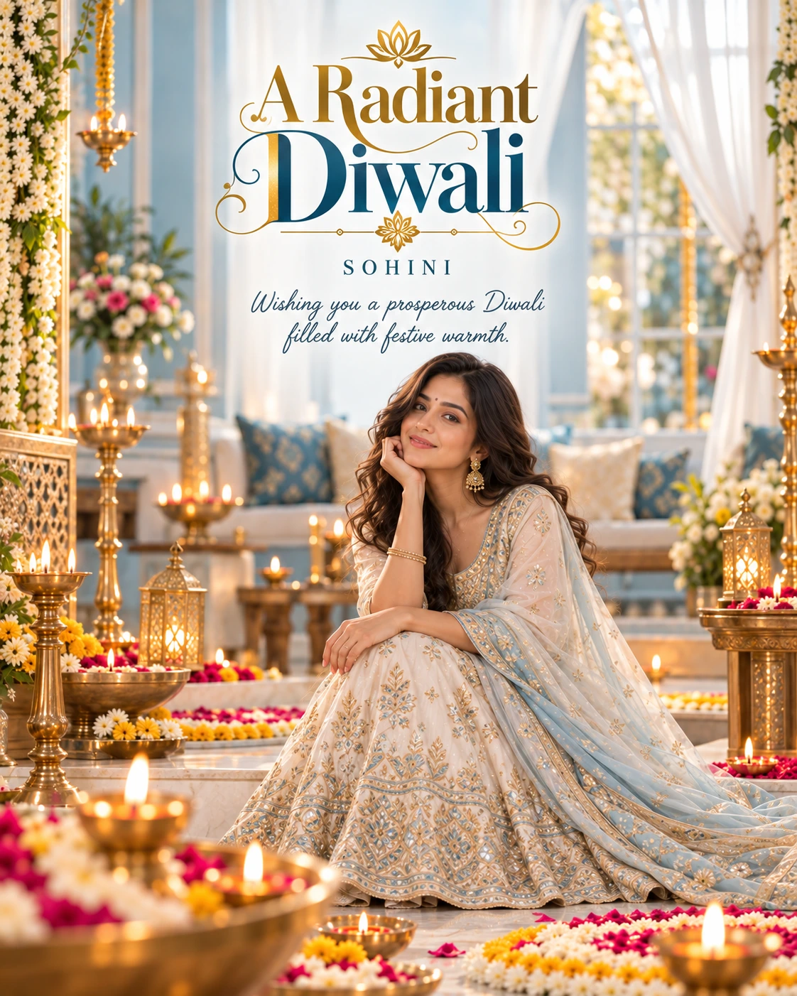 Powder Blue Window Diyas Cinematic Layered Story Diwali Wishes — Sohini — Greeting Cards AI poster reference