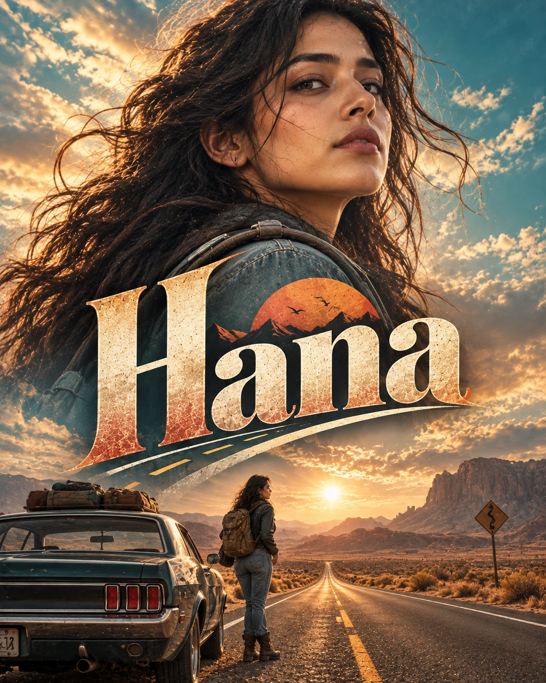 Hana — Road Movie Towering Portrait Instagram Poster — Instagram Posts AI poster reference