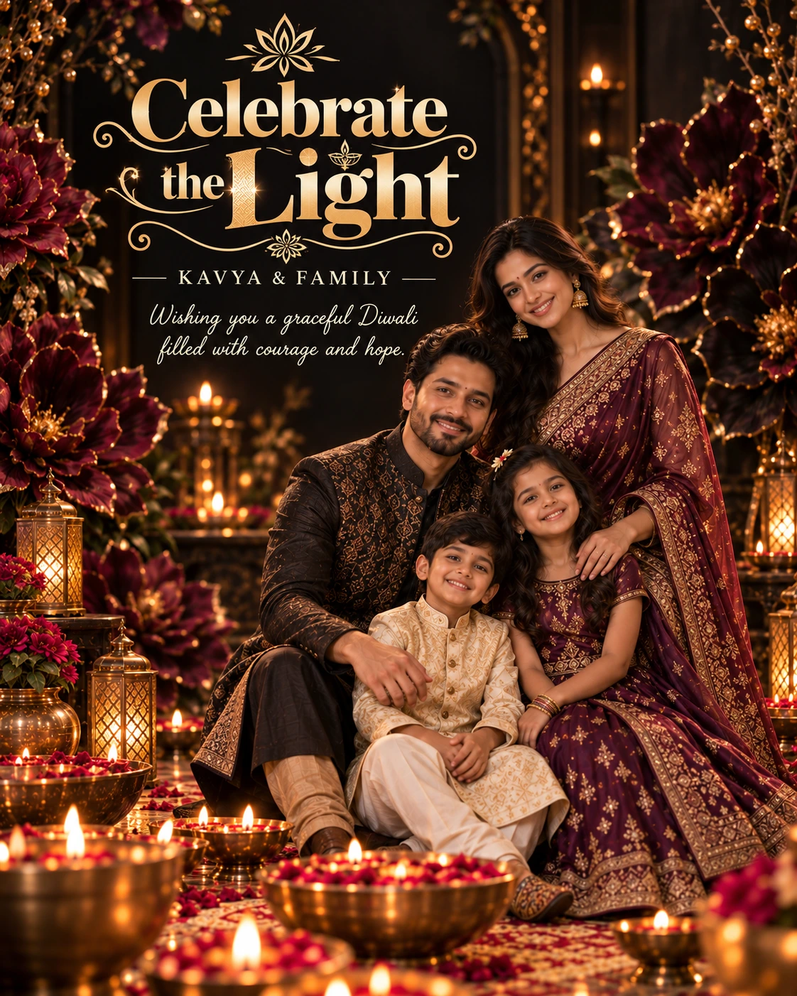 Obsidian Floral Frame Cinematic Layered Story Diwali Wishes — Kavya & Family — Greeting Cards AI poster reference