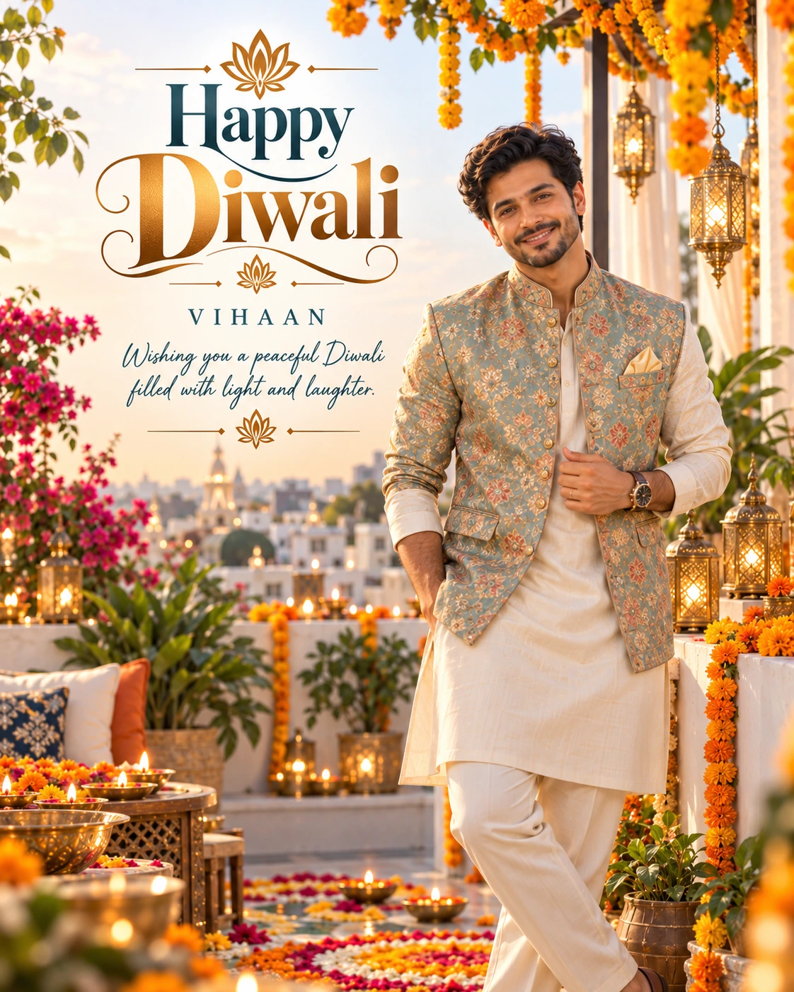 Marigold Rooftop Morning Editorial Portrait Diwali Wishes — Vihaan — Greeting Cards AI poster reference