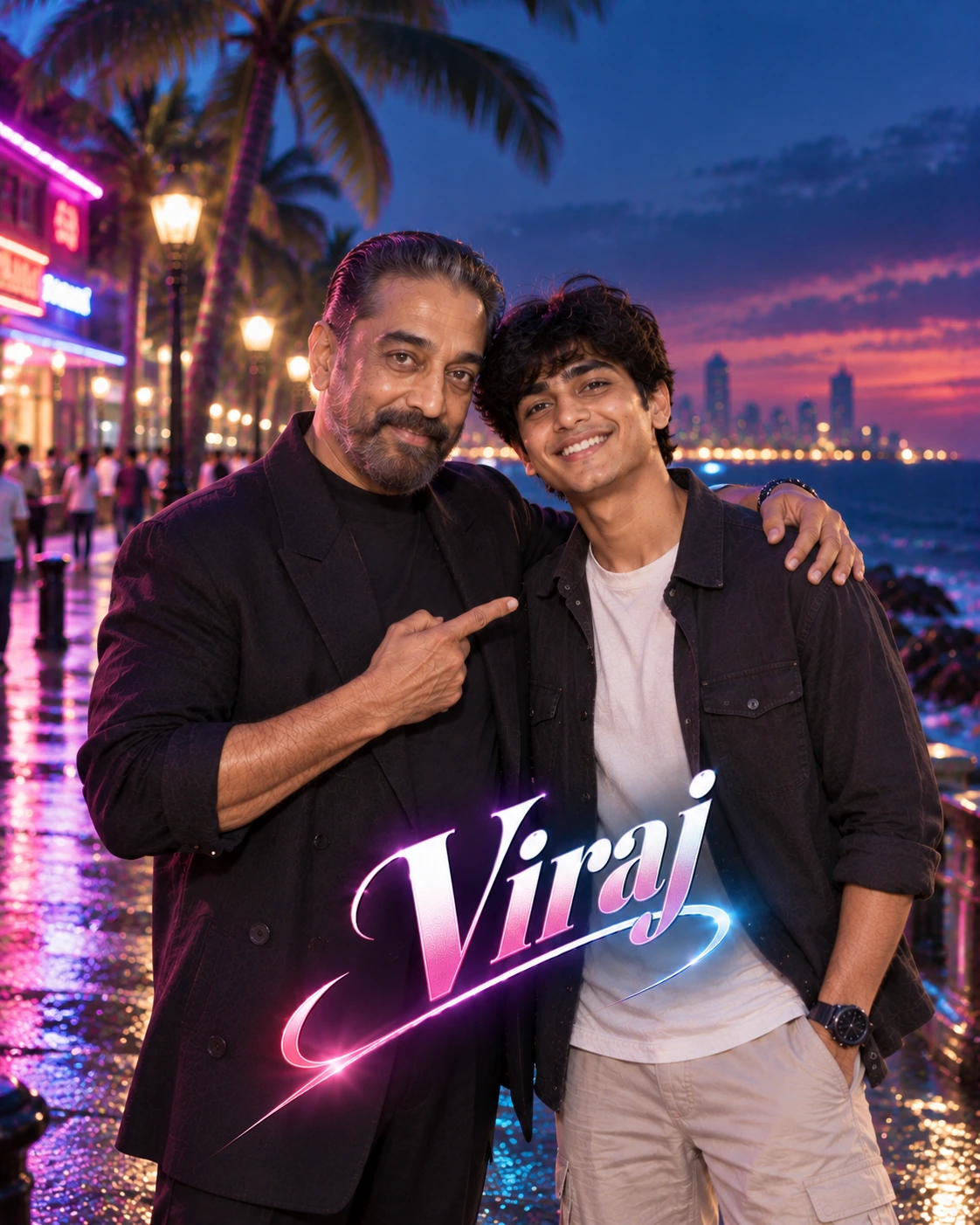 Viraj with Kamal Haasan — Neon Night Energy Dream Poster — Instagram Posts AI poster reference