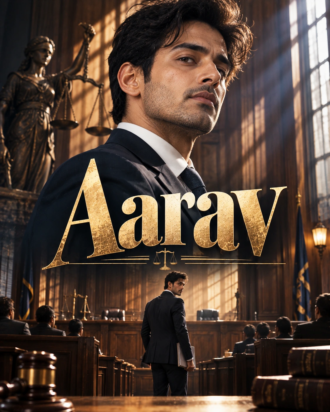 Aarav — Courtroom Drama Towering Portrait Instagram Poster — Instagram Posts AI poster reference