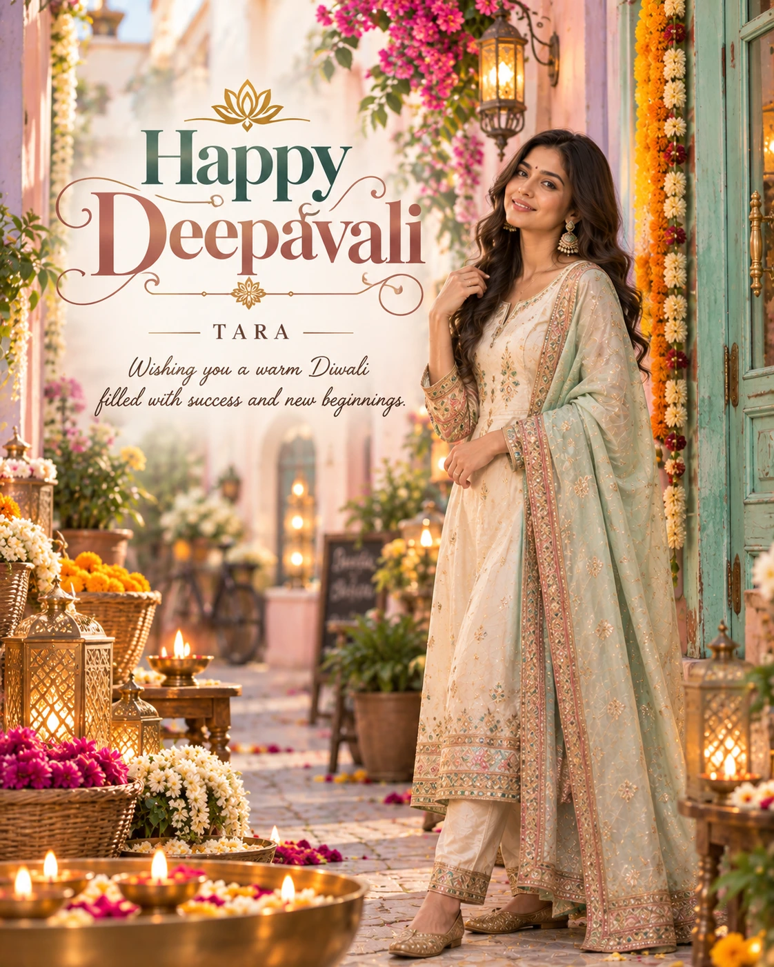Pastel Festive Bazaar Lane Editorial Portrait Diwali Wishes — Tara — Greeting Cards AI poster reference