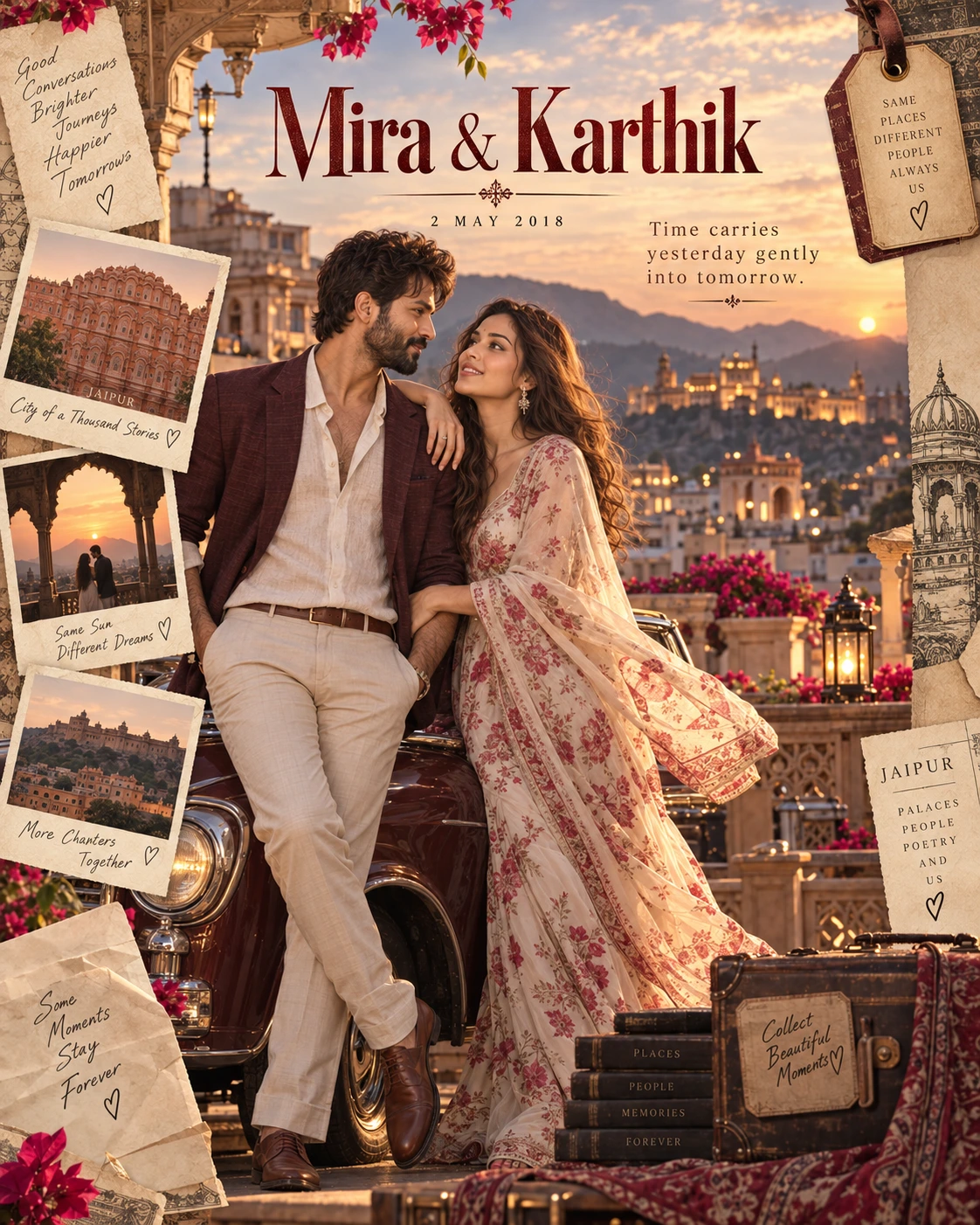 Jaipur Rooftop Postcard Drive Timeless Love — Anniversary AI poster reference