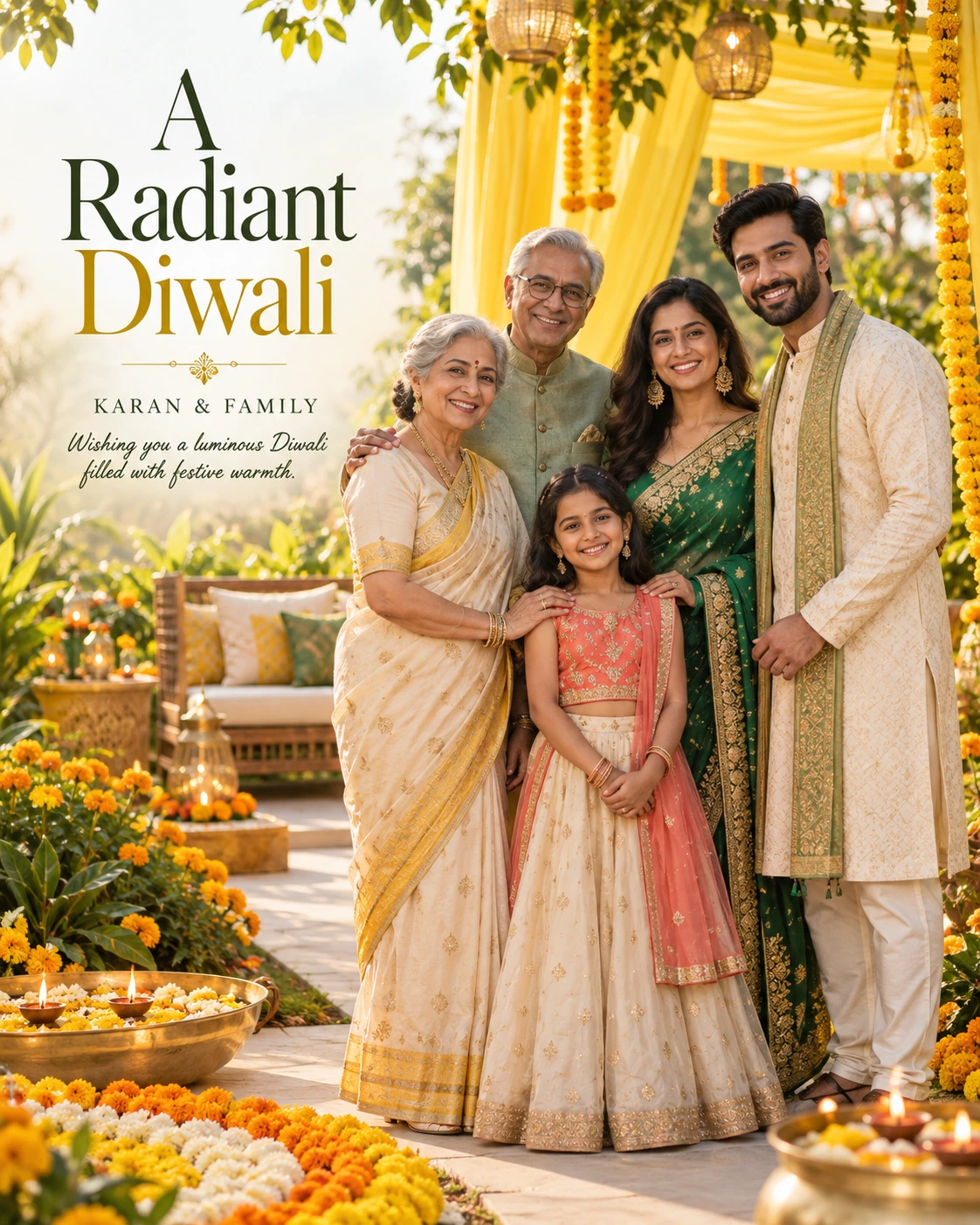 Lemon Marigold Garden Editorial Portrait Diwali Wishes — Karan & Family — Greeting Cards AI poster reference