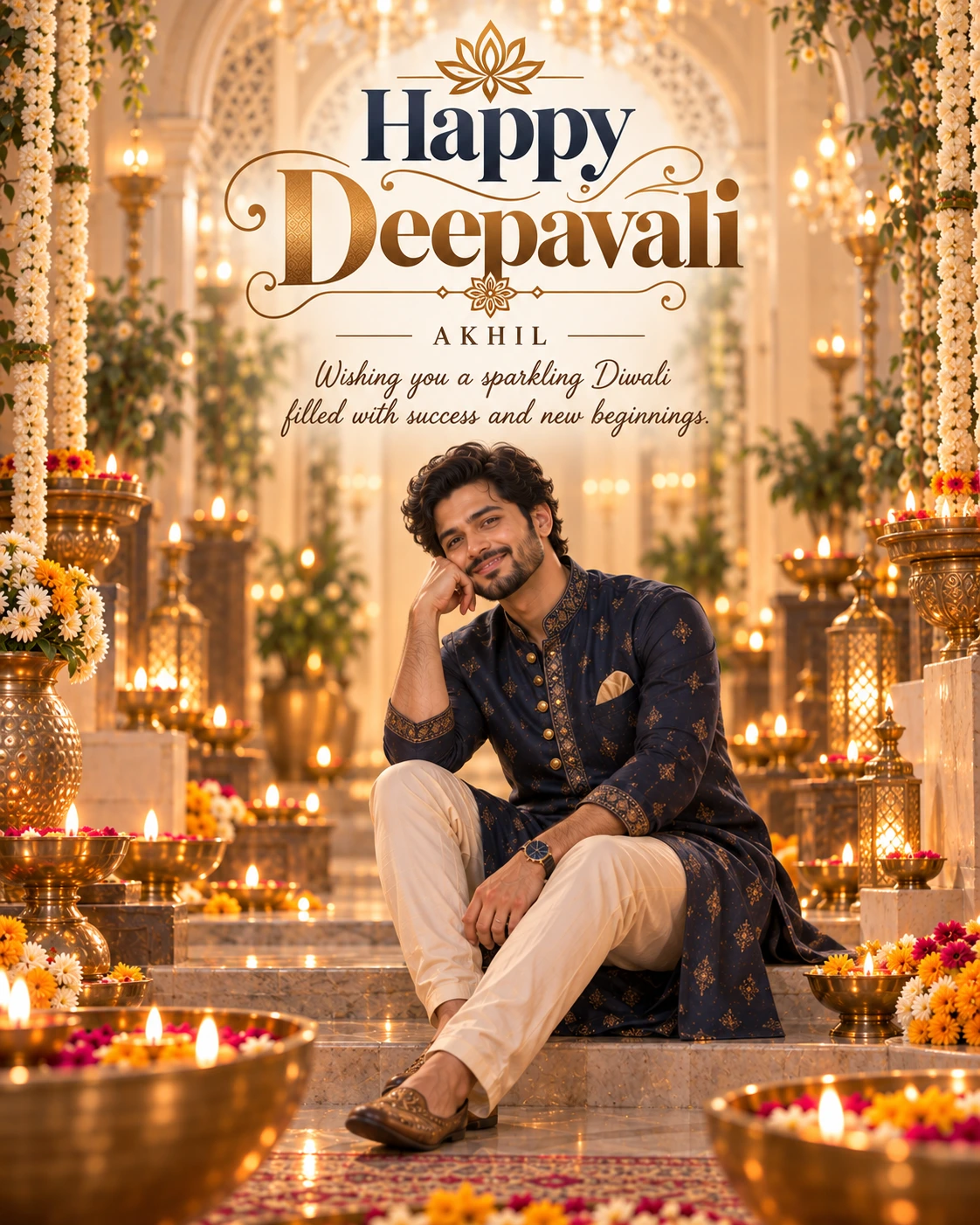 Champagne Arch Hall Cinematic Layered Story Diwali Wishes — Akhil — Greeting Cards AI poster reference
