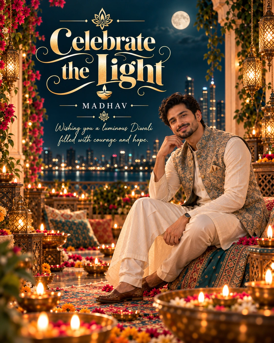 Deep Teal Balcony Cinematic Layered Story Diwali Wishes — Madhav — Greeting Cards AI poster reference