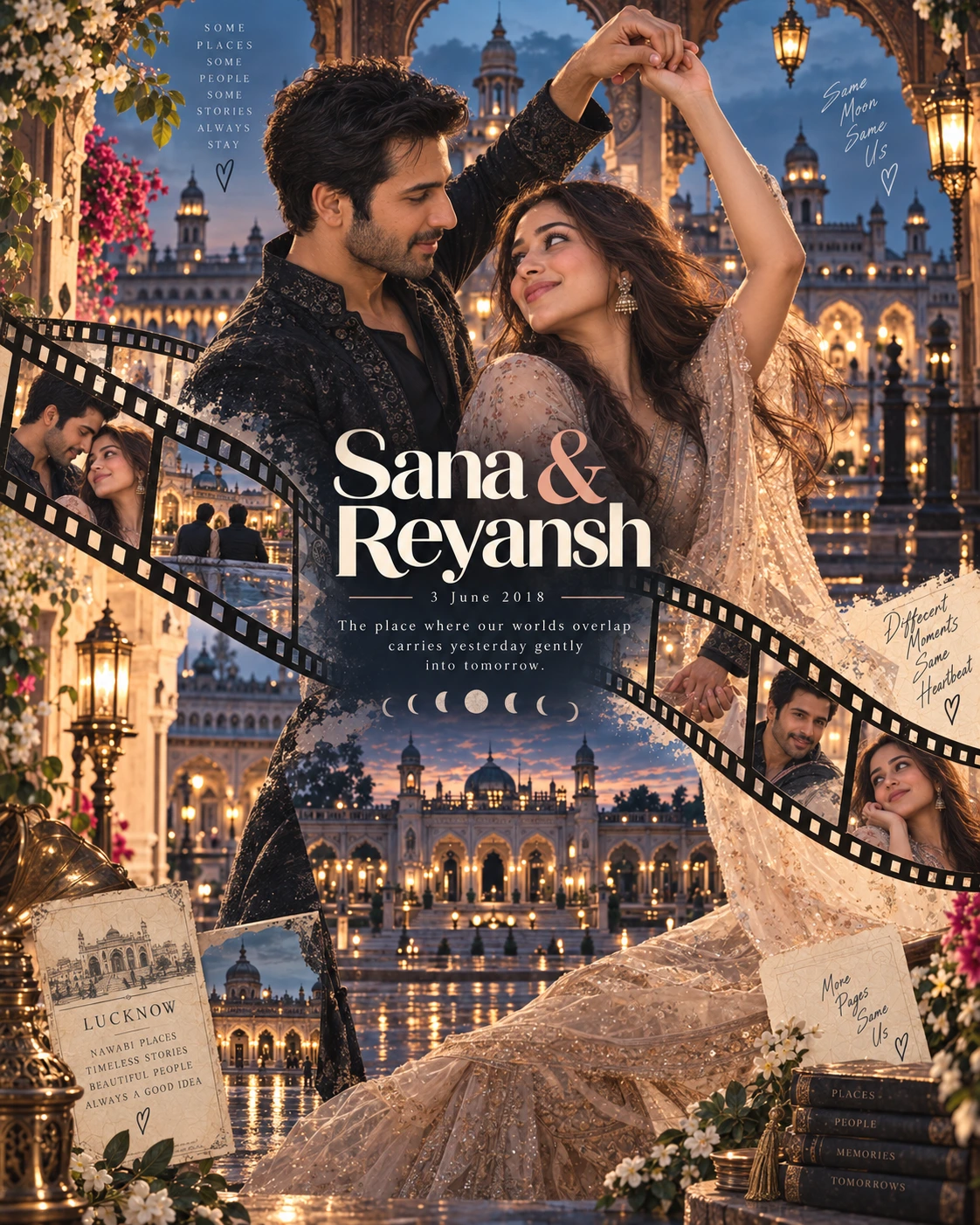 Lucknow Courtyard Filmstrip Dance Double Exposure — Anniversary AI poster reference
