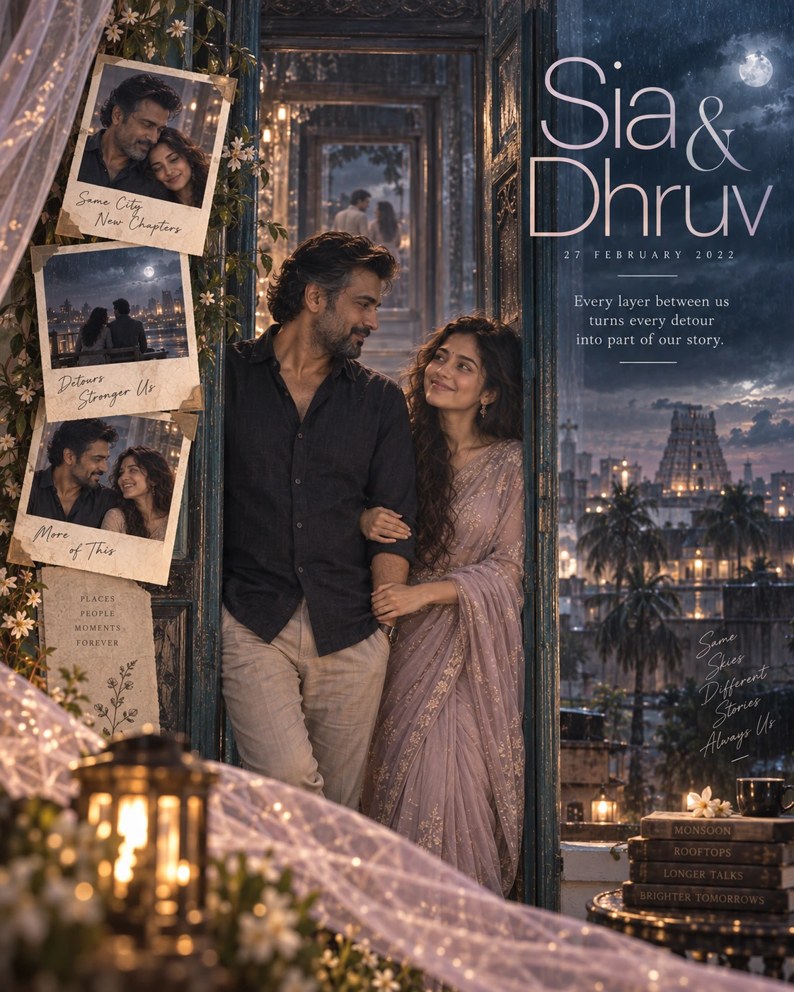 Chennai Rooftop Nested Doorway Layered Romance — Anniversary AI poster reference