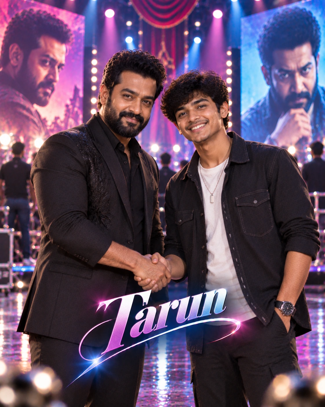 Tarun with Jr NTR — Neon Night Energy Dream Poster — Instagram Posts AI poster reference