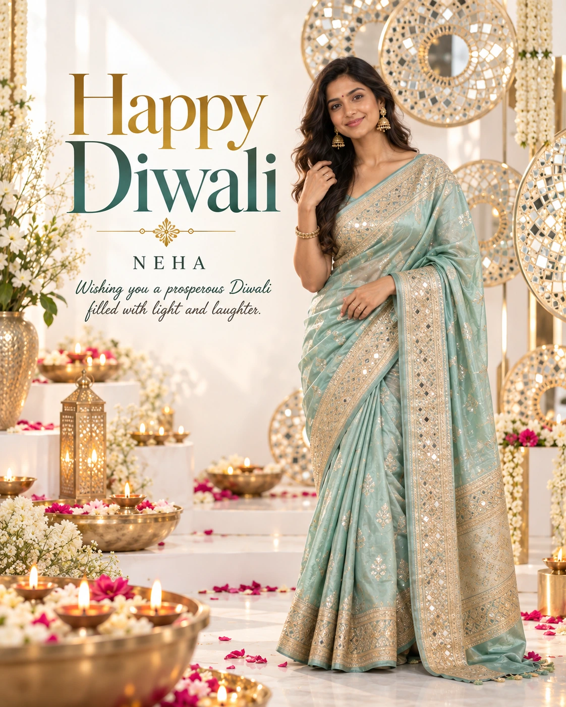 Mirror-Work White Studio Editorial Portrait Diwali Wishes — Neha — Greeting Cards AI poster reference