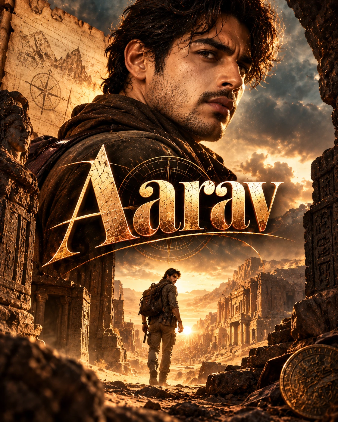 Aarav — Adventure Archaeology Towering Portrait Instagram Poster — Instagram Posts AI poster reference