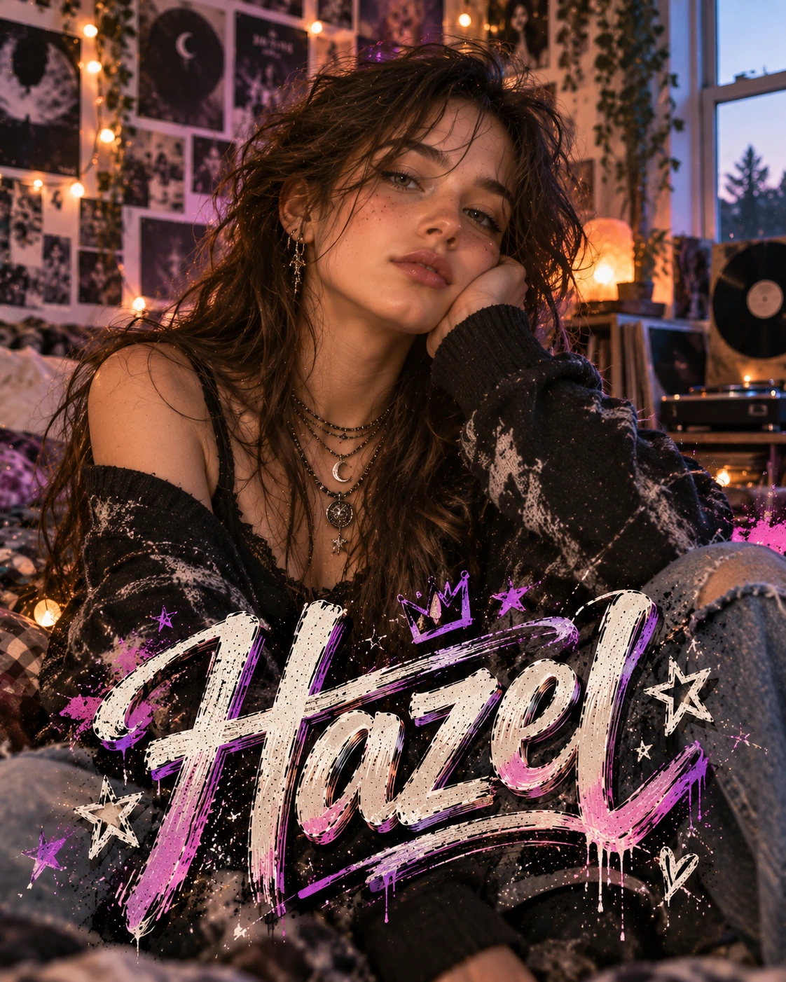 Hazel — Soft Grunge Bedroom Editorial Closeup Profile Poster — Instagram Posts AI poster reference
