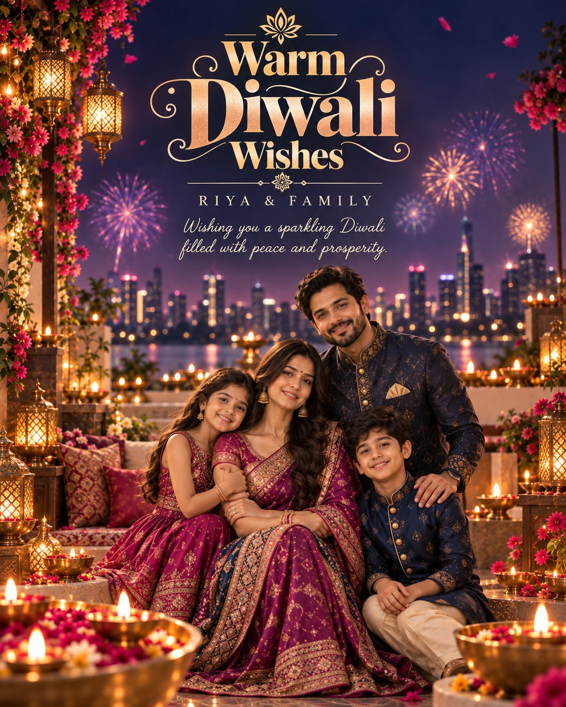 Violet Skyline Night Cinematic Layered Story Diwali Wishes — Riya & Family — Greeting Cards AI poster reference