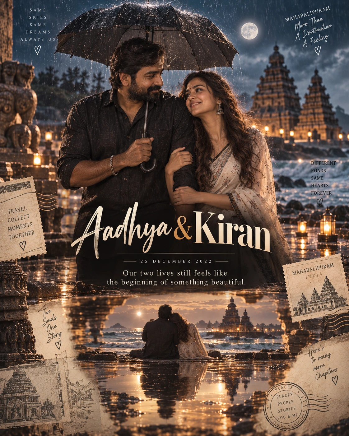 Mahabalipuram Rain Reflection Two Souls — Wedding AI poster reference