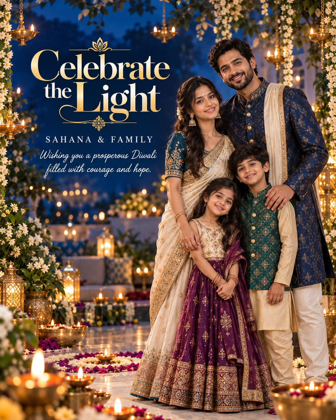 Cobalt Night Garden Editorial Portrait Diwali Wishes — Sahana & Family — Greeting Cards AI poster reference