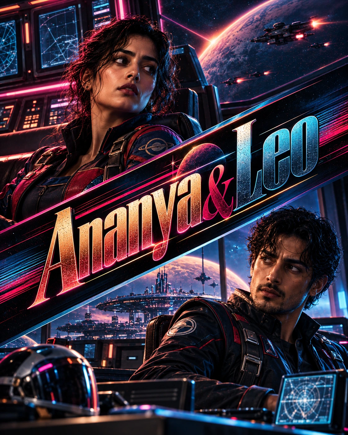 Ananya & Leo — Retro Sci-Fi Diagonal Energy Instagram Poster — Instagram Posts AI poster reference
