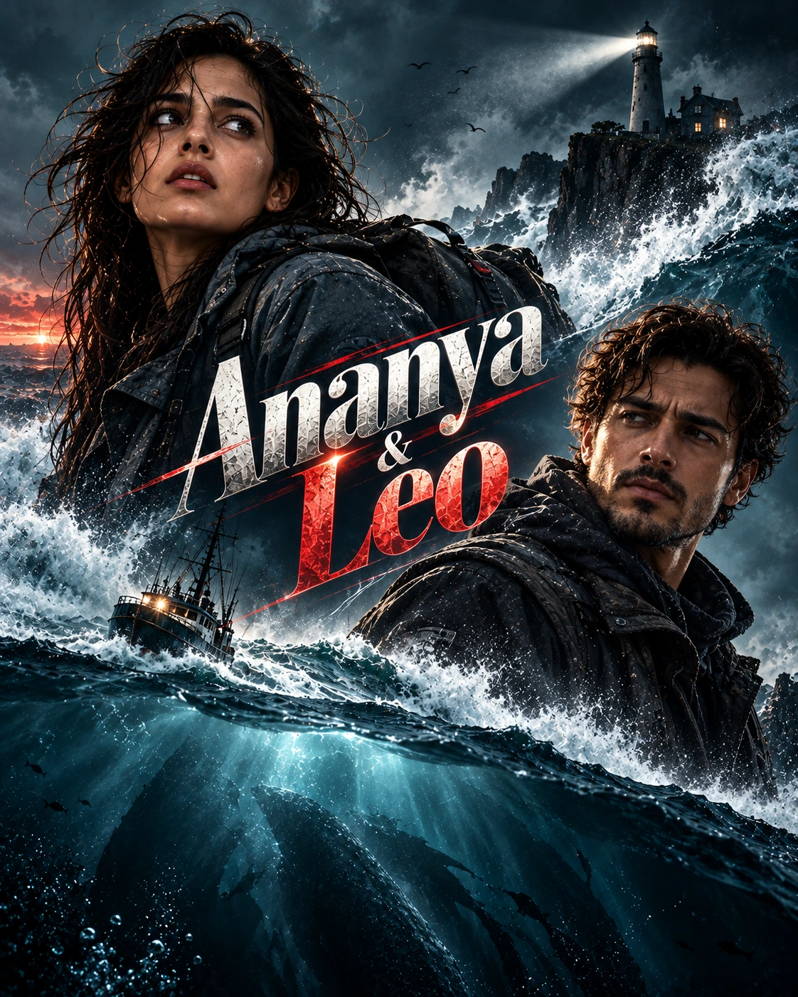 Ananya & Leo — Ocean Thriller Diagonal Energy Instagram Poster — Instagram Posts AI poster reference