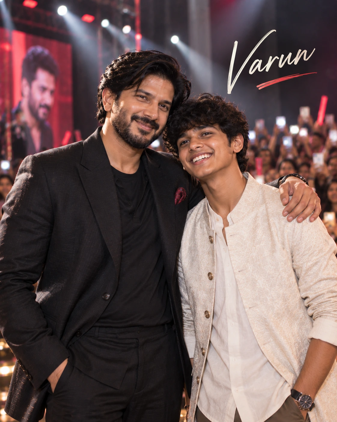 Varun with Dulquer Salmaan — Direct-Flash Celebrity Snapshot Dream Poster — Instagram Posts AI poster reference