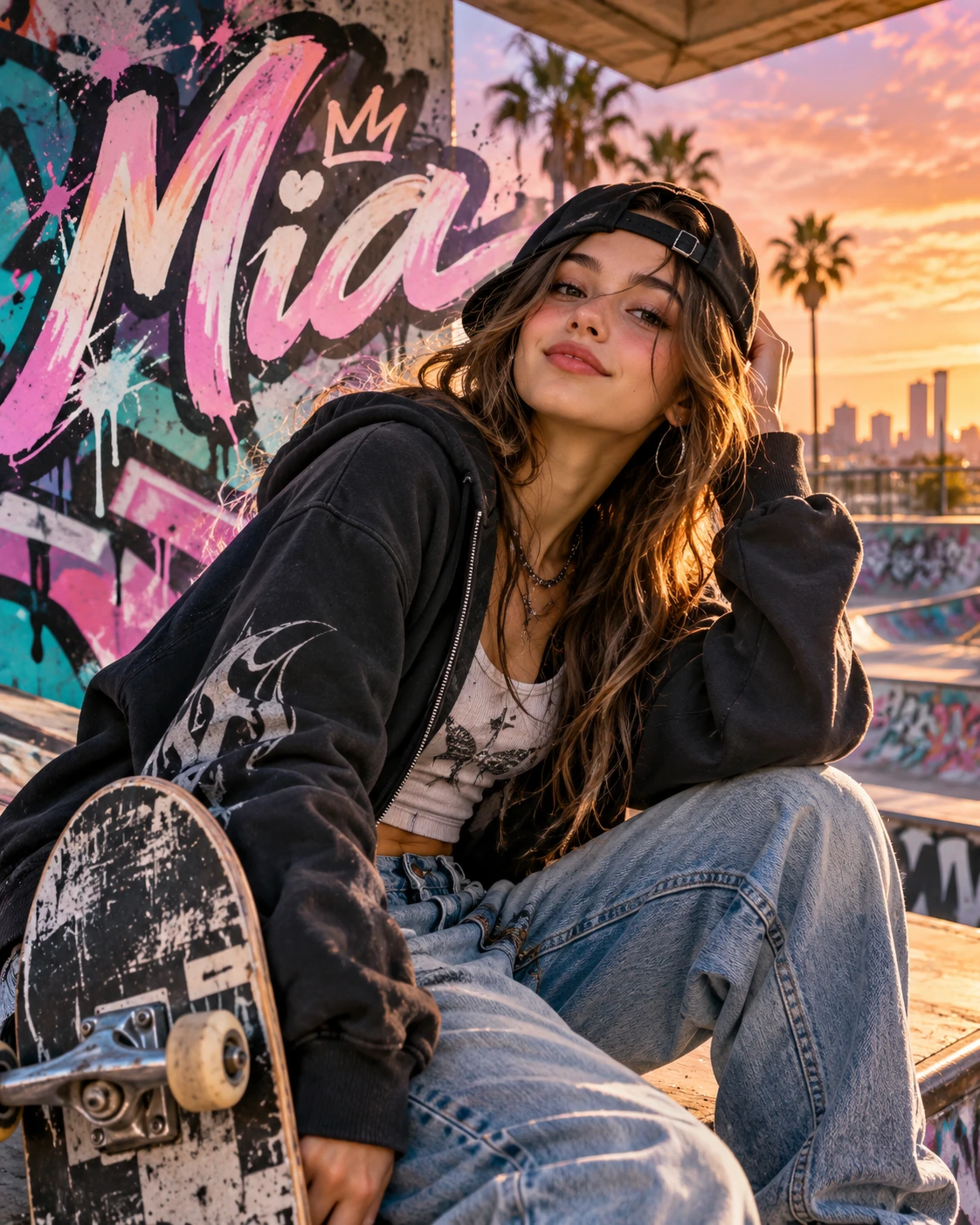 Mia — Skater Street Environmental Halfbody Profile Poster — Instagram Posts AI poster reference