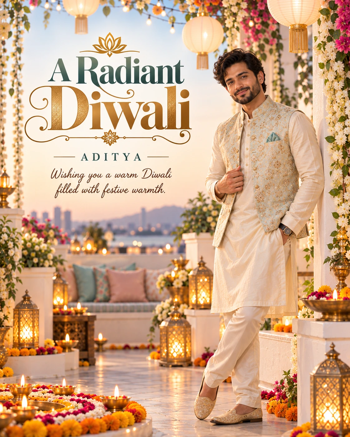 White Lantern Terrace Editorial Portrait Diwali Wishes — Aditya — Greeting Cards AI poster reference