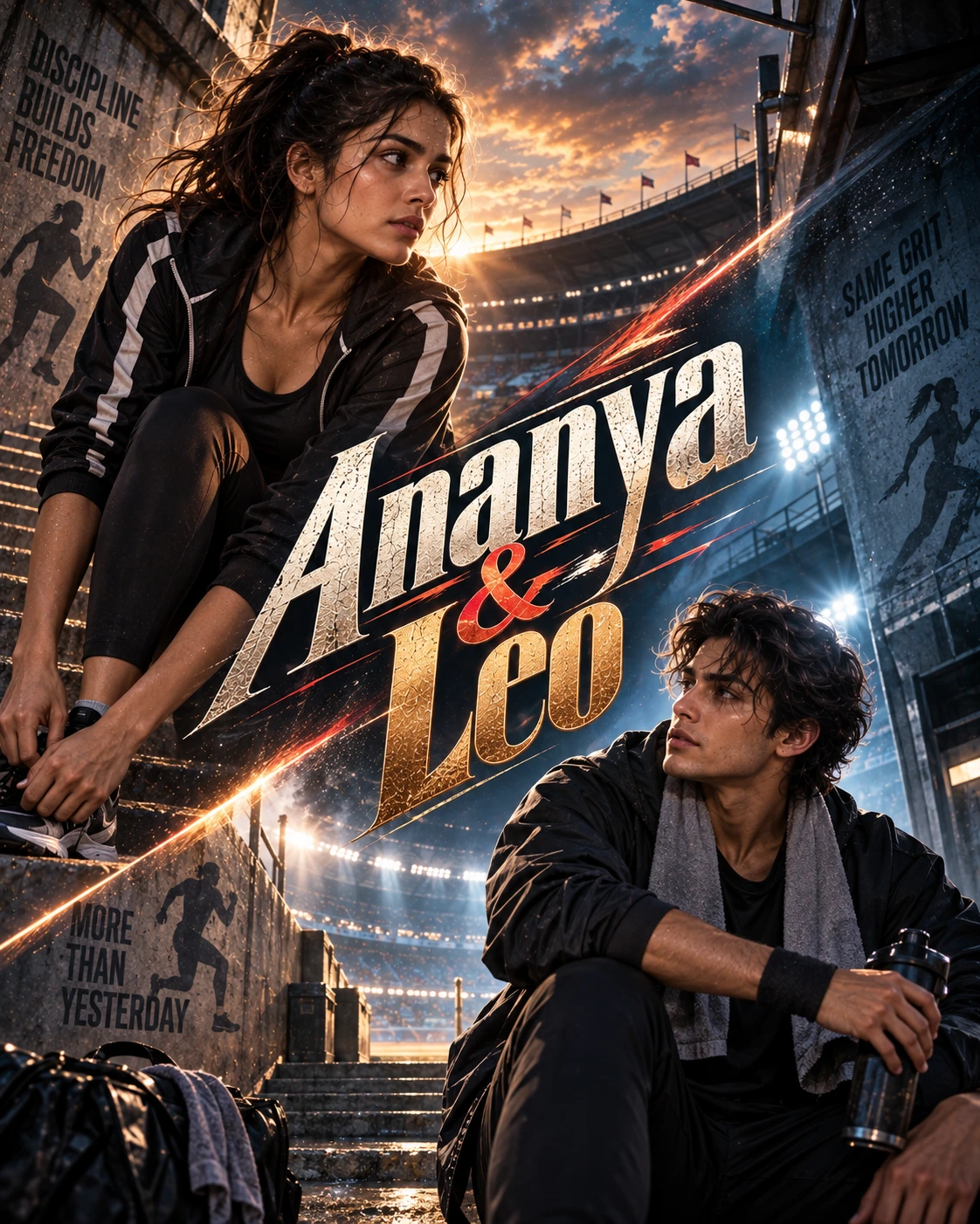 Ananya & Leo — Sports Drama Diagonal Energy Instagram Poster — Instagram Posts AI poster reference