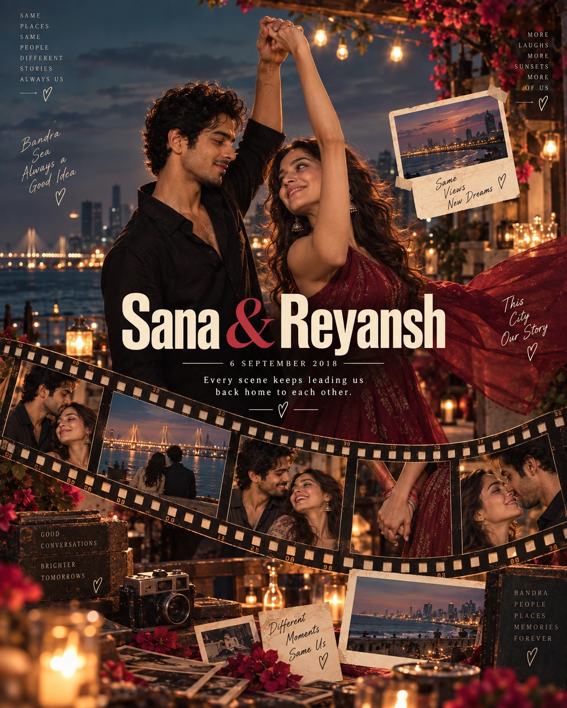 Bandra Terrace Filmstrip Dance Love Montage — Anniversary AI poster reference