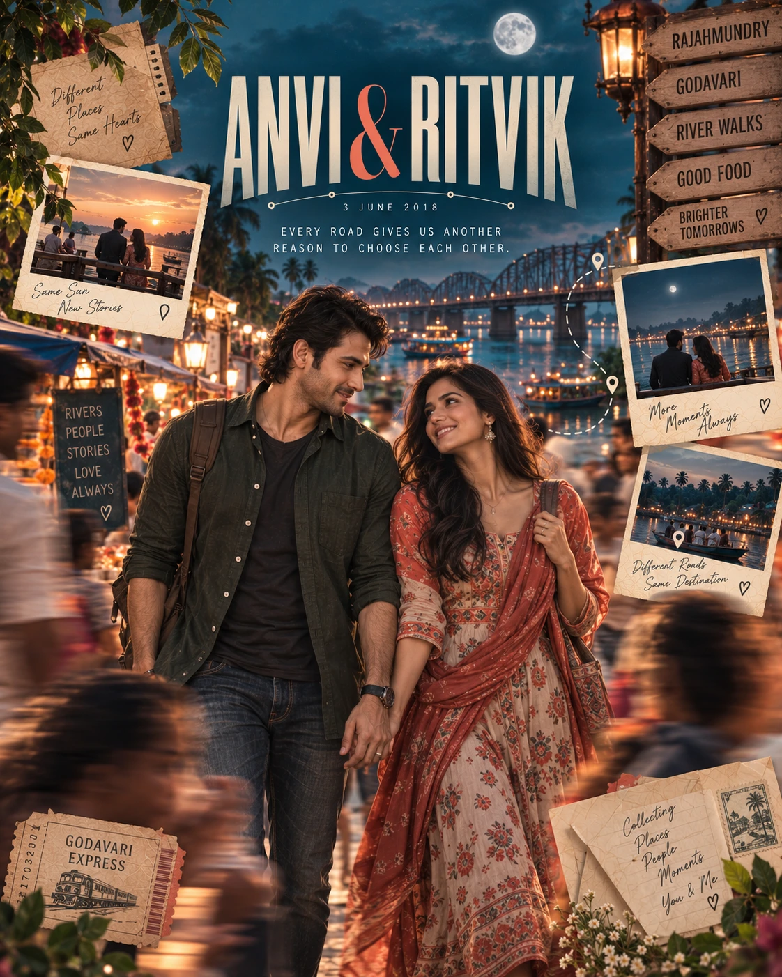 Godavari Motion Slices Love Journey — Anniversary AI poster reference