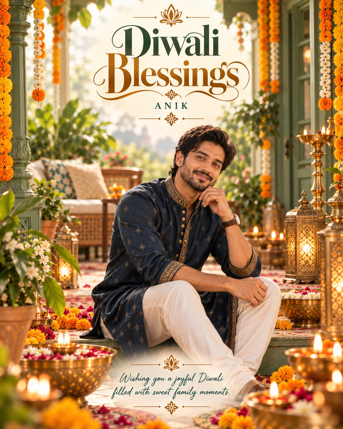 Sage Festive Veranda Cinematic Layered Story Diwali Wishes — Anik — Greeting Cards AI poster reference