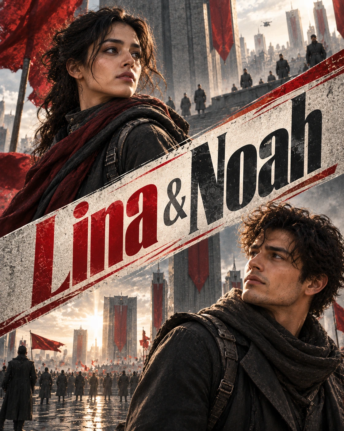 Lina & Noah — Dystopian Drama Diagonal Energy Instagram Poster — Instagram Posts AI poster reference