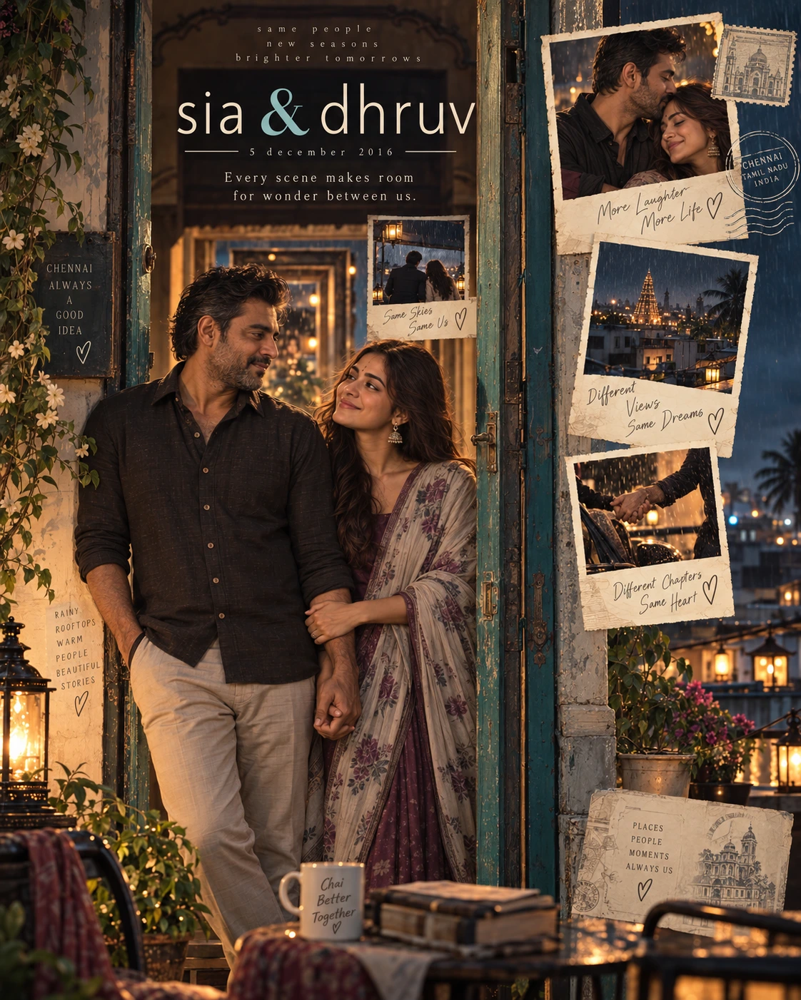 Chennai Rooftop Nested Doorway Love Montage — Anniversary AI poster reference