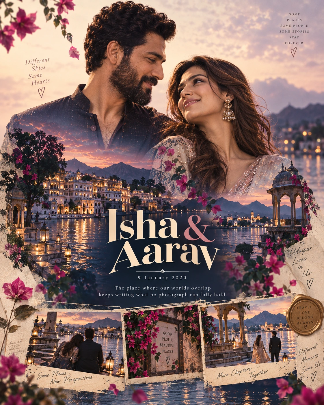 Udaipur Steps Memory Ribbon Double Exposure — Anniversary AI poster reference