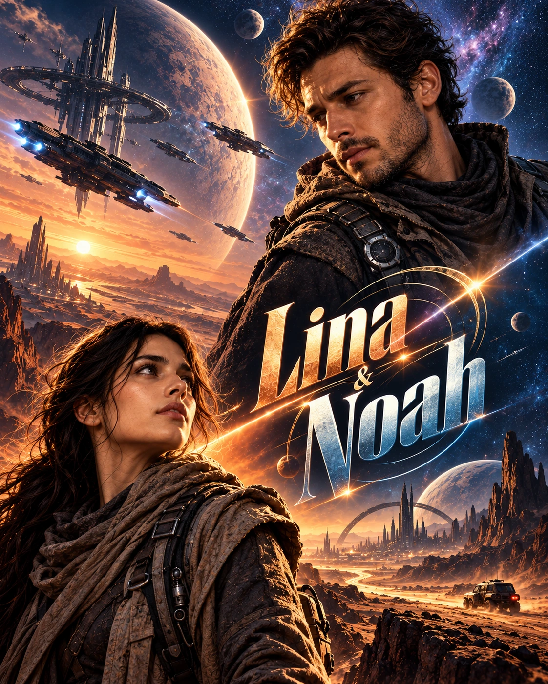Lina & Noah — Space Opera Diagonal Energy Instagram Poster — Instagram Posts AI poster reference