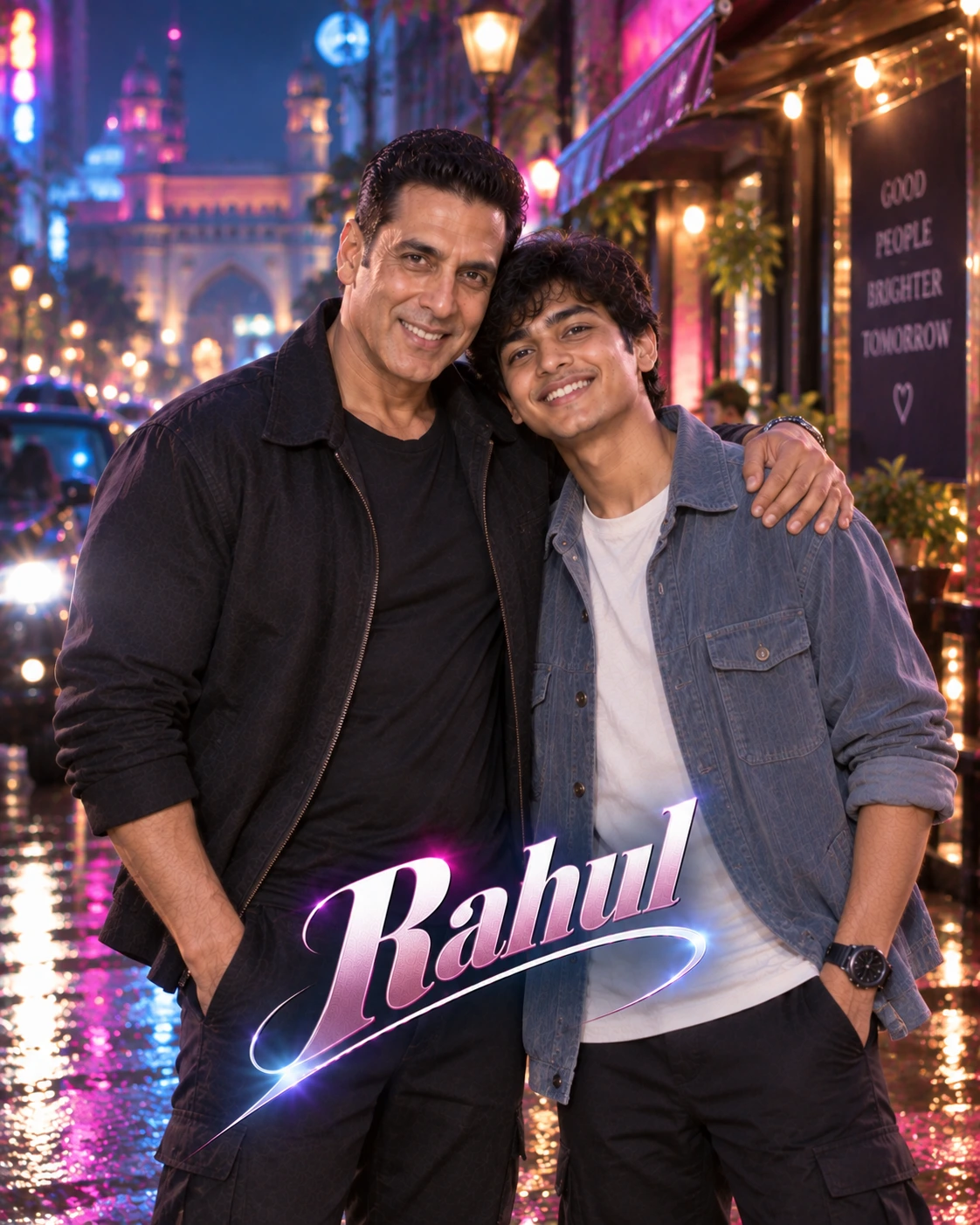 Rahul with Akshay Kumar — Neon Night Energy Dream Poster — Instagram Posts AI poster reference