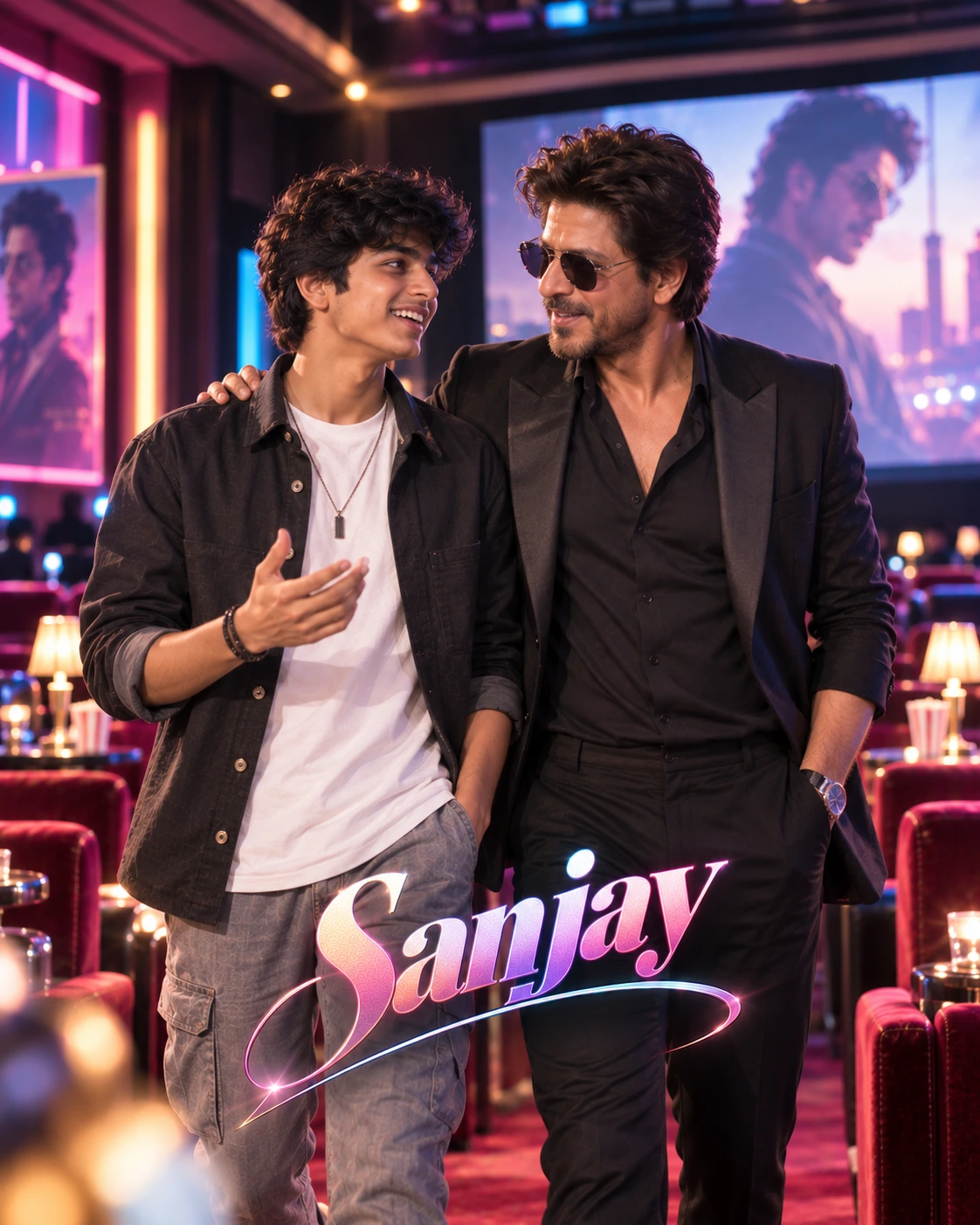 Sanjay with Shah Rukh Khan — Neon Night Energy Dream Poster — Instagram Posts AI poster reference
