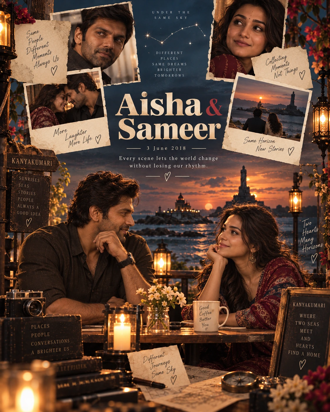 Kanyakumari Letter Layers Love Montage — Anniversary AI poster reference