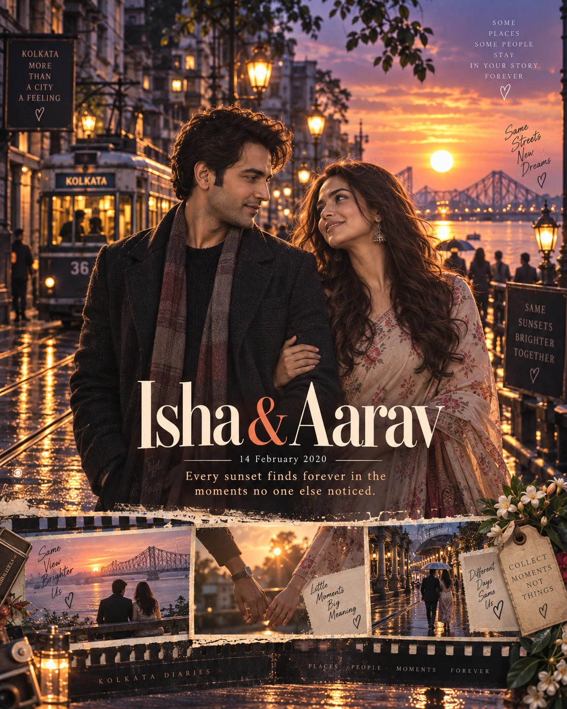 Tram Street Memory Ribbon Sunset Love — Engagement AI poster reference